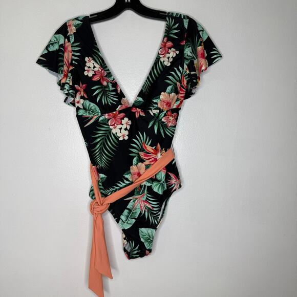 Cupshe Swimsuit M Floral Ruffle Wrap One Piece Tummy Control Tropical NEW - Picture 1 of 5
